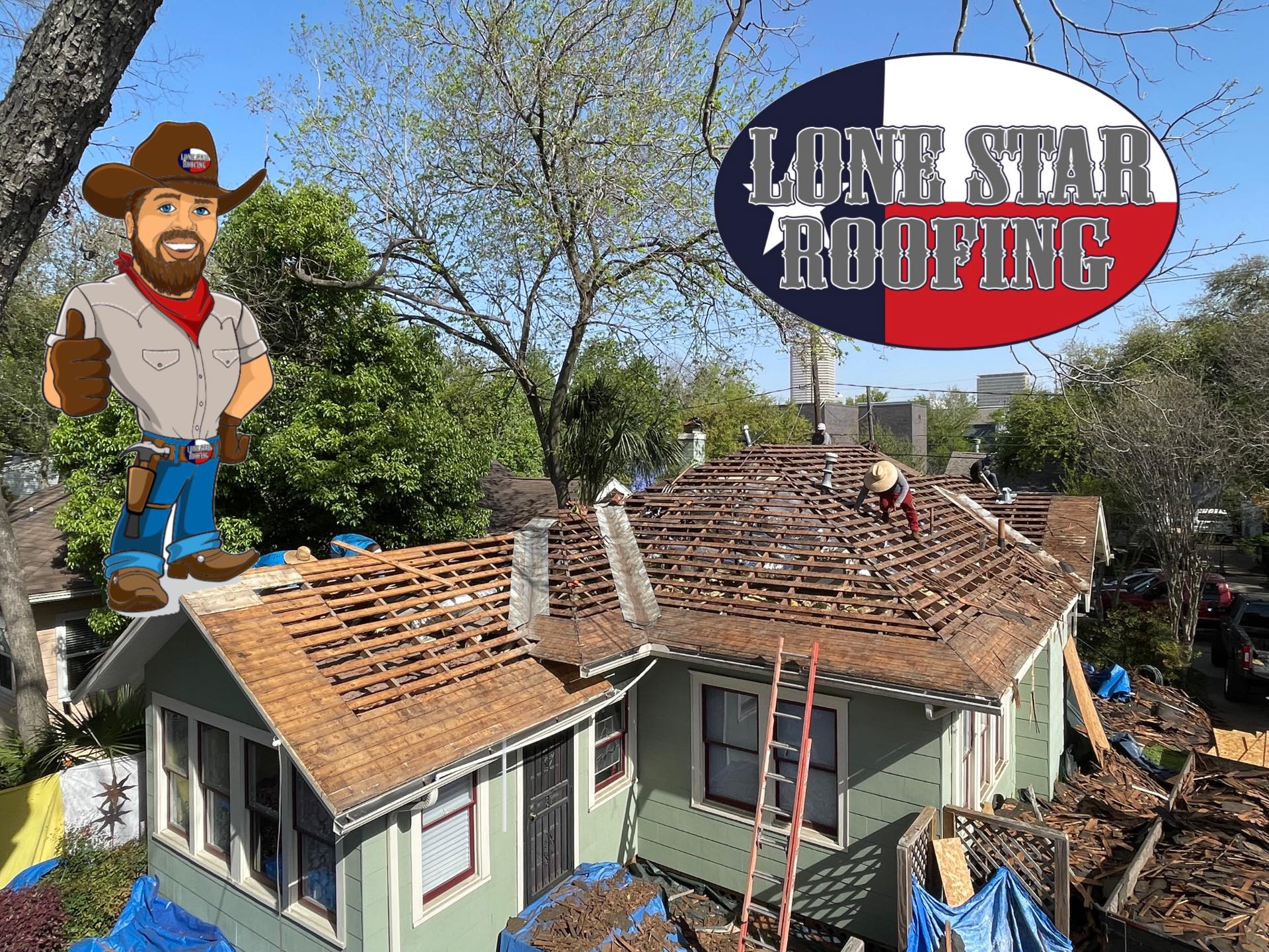 Roofing contractors working on a damaged residential roof