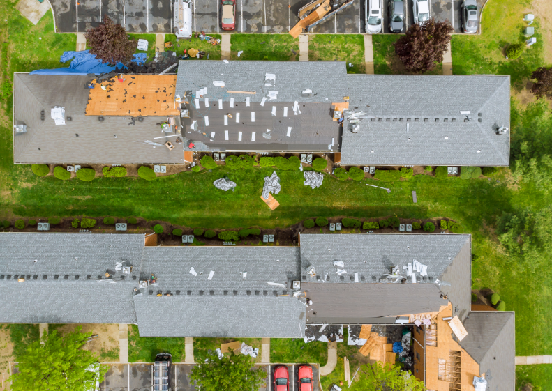 Aerial view of an ongoing roof replacement project