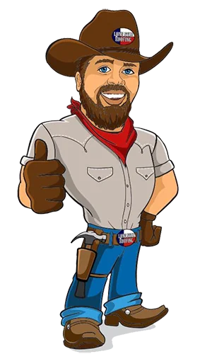 Lone Star Roofing mascot  a contractor character wearing a cowboy hat with the company logo
